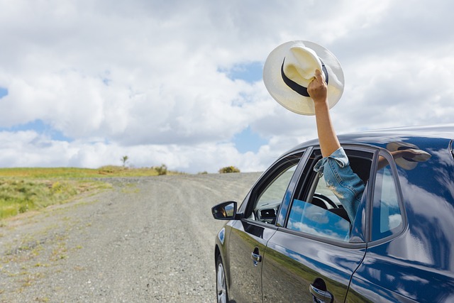 Road trip. woman holding her hat out of a car window