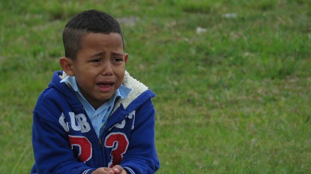 Little boy crying in a park